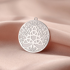 Нержавеющая Сталь Цвет Подвески из нержавеющей стали, не тускнеющие, плоские круглые с дерева жизни, цвет нержавеющей стали, 27x25 мм