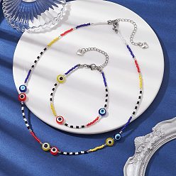 Mixed Color Resin Evil Eye & Glass Seed Beaded Jewelry Set, Beaded Necklaces & Bracelets, Blue, Necklaces: 19~19-1/8 inch(48.2~48.5cm); Bracelets: 10-1/8~10-3/8 inch(25.7~26.5cm)