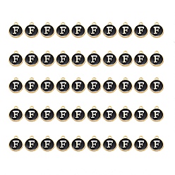 Letter F Подвески из позолоченного сплава, с эмалью, эмалированные блестки, плоско-круглые, чёрные, буква f, 14x12x2 мм, отверстие : 1.5 мм, 50 шт / коробка