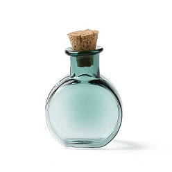 Teal Flat Round Miniature Glass Bottles, with Cork Stoppers, Empty Wishing Bottles, for Dollhouse Accessories, Jewelry Making, Teal, 11.5x21x31mm