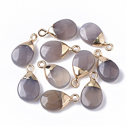 Grey Agate Natural Grey Agate Pendants, with Top Golden Plated Iron Loops, Teardrop, Faceted, 17~19x10x5mm, Hole: 1.8mm