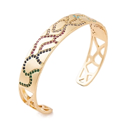 Настоящее золото 18K Латунные браслеты-манжеты с цветным фианитом и полыми открытыми манжетами для женщин, реальный 18 k позолоченный, внутренний диаметр: 2-3/8 дюйм (6.1 см), 12 мм