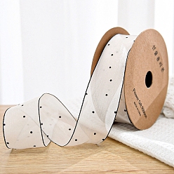 Polka Dot 10 Yards Printed Polyester Chiffon Ribbons, Garment Accessories, Gift Packaging, Black, Polka Dot, 1-5/8 inch(40mm), 10 Yards/Roll
