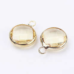Champagne Yellow Golden Tone Brass Glass Flat Round Charms, Faceted, Champagne Yellow, 12x8.5x3mm, Hole: 1.5mm