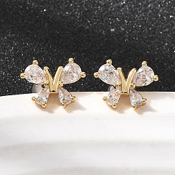 Настоящее золото 18K Серьги-гвоздики с бабочками из латуни с микропаве из прозрачных кубических цирконий, без никеля , реальный 18 k позолоченный, 8x11 мм