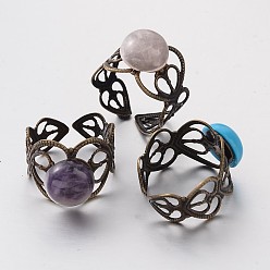 Mixed Stone Adjustable Mixed Stone Wide Band Cuff Rings, Open Rings, with Antique Bronze Plated Brass Findings, 16mm