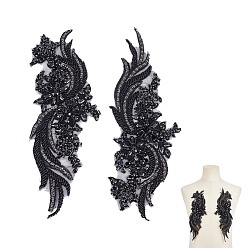 Черный 2шт. полиэстер, аппликации из фетра и бисера для рукоделия в виде цветов, со стеклянными стразами, аксессуары для костюма, швейные украшения, чёрные, 375x148x6 мм