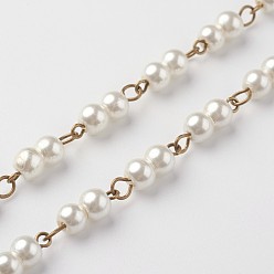 Creamy White Handmade Glass Pearl Beaded Chains, Unwelded, for Necklaces Bracelets Making, with Iron Eye Pin, Antique Bronze, Creamy White, 39.37 inch(1m)