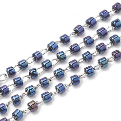 Marine Blue TOHO Japan Import Seed Beads, Handmade Glass Beaded Chains, Soldered, with Stainless Steel Findings, Plated, Column, Stainless Steel Color, Marine Blue, 2mm, about 26.24 Feet(8m)/strand