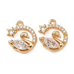 Настоящее золото 18K Латунь с кубическим цирконием подвеской, лебедь прелести, прозрачные, реальный 18 k позолоченный, 15x13x4 мм, отверстие : 1.5 мм