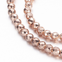 Rose Gold Plated Electroplate Non-magnetic Synthetic Hematite Beads Strands, Faceted(64 Facets), Round, Rose Gold Plated, 4mm, Hole: 1mm, about 98pcs/strand, 15.7 inch