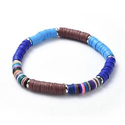 Bleu Argile polymère perles heishi perles bracelets extensibles, laiton perles d'espacement, plat rond, bleu, 2-1/4 pouce (5.6 cm), 6mm