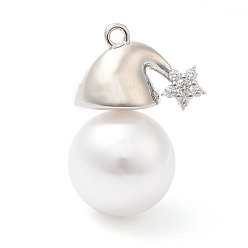 Платина Подвески из кубического циркония с покрытием из латуни, с пластиковой жемчужины, долговечный, без кадмия и без свинца, Рождество шляпе, платина, 21x15x11.5 мм, отверстие : 1.2 мм