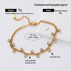 Flat Round 304 Stainless Steel Pave Clear Cubic Zirconia Charm Bracelets for Women, Golden, Flat Round, 6.30 inch(16cm)