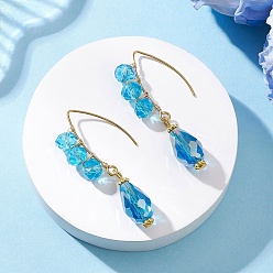 Темно-Голубой Серьги-подвески из гальванического стекла в форме капли, с 304 нержавеющей стали серьги крючки, золотые, глубокое синее небо, 48~48.5x9.5 мм