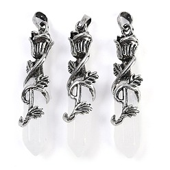 Хрусталь Натуральный кварцевый кристалл ограненный двойной конечный заостренный большой кулон, Подвески в виде шестиугольной призмы с розой в оболочке из сплава, античное серебро, 51~53x14x10.5 мм, отверстие : 4.5 мм