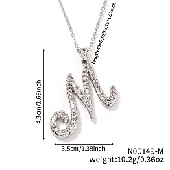 Letter M Элегантные модные латунные ожерелья с подвесками в виде алфавита из микропаве из прозрачных кубических цирконий, серебряный цвет гальваническим, Буква М, 15.75 дюйм (40 см)