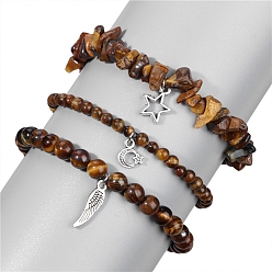 Тигровый глаз Естественно тигровый глаз стрейч браслеты, для женщин, амулет звезда, луна и крылья, периметр: 7-1/2 дюйм (19 см), 3 шт / комплект