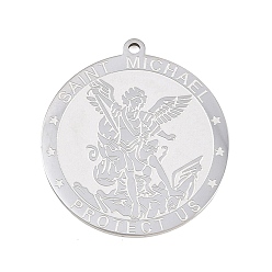 Нержавеющая Сталь Цвет 304 подвески из нержавеющей стали, Плоская круглая форма с подвеской в виде архангела Святого Михаила., цвет нержавеющей стали, 27.5x25x1.5 мм, отверстие : 1.4 мм