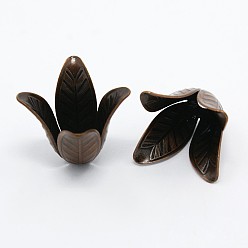 Красная Медь 4-лепесток крышки латунь цветок шарик, без кадмия, без никеля и без свинца, Красная медь, 17x22 мм, отверстие : 2.5 мм