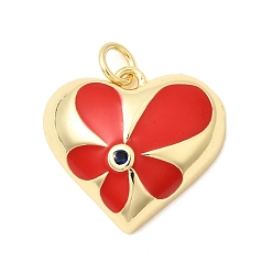 Красный Латунные микро проложить кубического циркония подвески, с эмалью, долговечный, стойки покрытие, без свинца и без кадмия, сердце прелести, реальный 18 k позолоченный, красные, 18.5x20x6.5 мм, Перейти кольцо: 4.5x1 мм, внутренний диаметр: 2 мм
