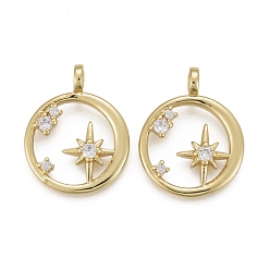 Настоящее золото 18K Латунные микропаве прозрачные подвески с фианитом, долговечный, звонить звездочкой, реальный 18 k позолоченный, 20x16x3 мм, отверстие : 3 мм