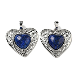 Lapis Lazuli Natural Lapis Lazul Dyed Peach Love Heart Pendants, Rack Plating Brass Hollow Heart Charms, Cadmium Free & Lead Free, 29.5x30.5x7.5mm, Hole: 7.5x5mm