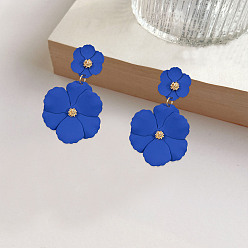 Средно-синий Серьги-гвоздики из сплава с цветочным узором, золотые, светло-синий, 68x43 мм