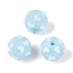 Sky Blue Opaque Acrylic & Transparent Resin Rhinestone Beads, Rondelle with Heart Pattern, Sky Blue, 16.5~17.5x15mm, Hole: 2.3mm