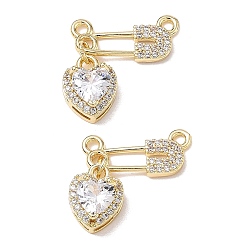Golden Brass Micro Pave Clear Cubic Zirconia Pendants, Heart Safety Pin Charm, Golden, 18mm, Hole: 1.6mm