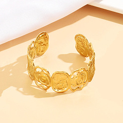 Golden 304 Stainless Steel Hollow Rose Flower Open Cuff Bangles for Women, Golden, Inner Diameter: 2.20x1.97 inch(5.6x5cm)