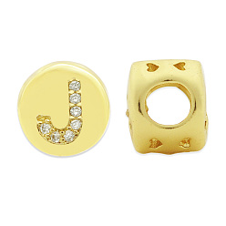 Letter J Brass Micro Pave Clear Cubic Zirconia Beads, Flat Round with Letter, Letter.J, 7.5x6.5mm, Hole: 3.5mm, 3pcs/bag