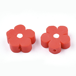 Crimson Handmade Polymer Clay Beads, Flower, Crimson, 14~15x16~16.5x5~5.5mm, Hole: 0.8~1mm