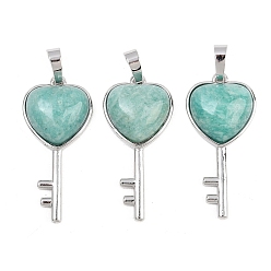 Платина Природные подвески амазонит, латунные подвески в форме сердца с драгоценными камнями, стойки покрытие, долговечный, платина, 36.5x17x5 мм, отверстие : 8x5 мм