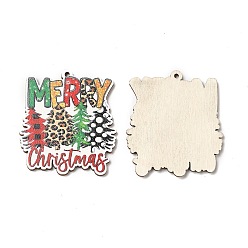 Colorful Single Face Christmas Printed Wood Big Pendants, Christmas Tree Charms, Colorful, 50x44.5x2.5mm, Hole: 2mm
