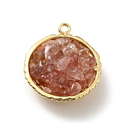 Клубничный Кварц Подвески из натурального клубничного кварца, с реечным покрытием из латуни с покрытием из настоящего золота 18k, круглые, без кадмия, без никеля и без свинца, 24x20x10~13 мм, отверстие : 1.8 мм