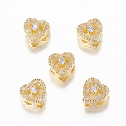 Real 18K Gold Plated Rack Plating Brass Micro Pave Cubic Zirconia Beads, Real 18K Gold Plated, Heart, Clear, 7x7x5mm, Hole: 2mm