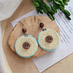 Плоский Круглый Богемные серьги-подвески из дерева и ротанга, сплетенные из разных пород дерева., платина, плоско-круглые, 70x58 мм