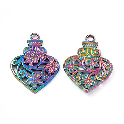 Rainbow Color Ионное покрытие (ip) 304 подвески из нержавеющей стали, бутылка-сердце с подвеской-цветком, Радуга цветов, 28x20.5x2.5 мм, отверстие : 3 мм
