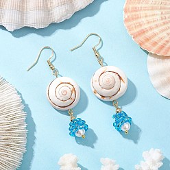 Плоский Круглый Серьги-подвески из ракушечного стекла, золотые, с имитацией жемчуга, плоско-круглые, 63.5x21 мм