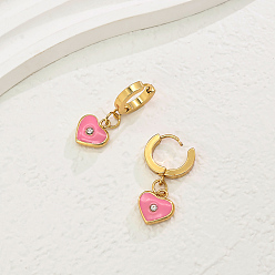 Pink Элегантные серьги-кольца из нержавеющей стали в форме сердца, реальный 18 k позолоченный, с четким кубического циркония, розовые, 30x12 мм