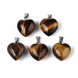 Тигровый глаз Природных тигровый глаз подвески, сердце прелести, с железной застежкой платинового цвета на дужках, 16~19x15~18x8~10.5 мм, отверстие : 5.5~6x2~2.5 мм