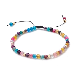 Colorful Adjustable Nylon Thread Braided Bead Bracelets, with Round Natural Agate Beads and Golden Plated Cube Brass Beads, Colorful, Inner Diameter: 2-3/8~3-1/2 inch(5.9cm)