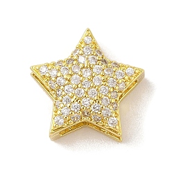 Настоящее золото 18K Покрытие стойки латунные прозрачные бусины из кубического циркония, без кадмия и без свинца, долговечный, звезда, реальный 18 k позолоченный, 14x14x7 мм, отверстие : 3x6 мм