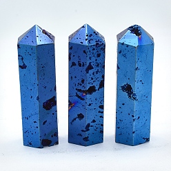 Blue Plated Electroplated Natural Druzy Geode Quartz Home Display Decorations, Hexagon, Blue Plated, 62~71x23~24mm