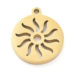 Настоящее золото 18K 304 прелести нержавеющей стали, плоский круглый с полым солнечным шармом, реальный 18 k позолоченный, 13.5x12x1.3 мм, отверстие : 1.2 мм