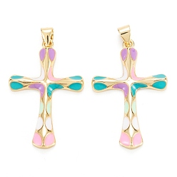 Разноцветный Латунь эмаль подвески, реальный 18 k позолоченный, долговечный, крестик, красочный, 32.5x21.5x3.5 мм, отверстие : 5x3 мм