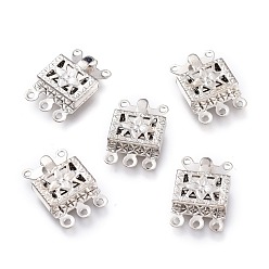 Platinum Brass Multi-strand Box Clasps, Triple Necklace Layering Clasps, 3-Strands, 6 Holes, Rectangle, Platinum, 15x10x3mm, Hole: 1mm