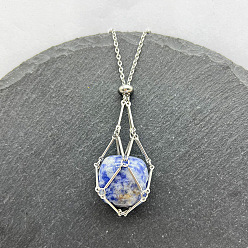 (306FM) Жонкиль матовый с лаймовой подкладкой Натуральный голубой яшмовый самородок в виде макраме-мешочка с подвеской 201 ожерелья из нержавеющей стали, цвет нержавеющей стали, 23.62 дюйм (60 см)