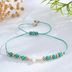 Средний Бирюзовый Регулируемые браслеты из плетеных бусин из стекла и латуни, украшения в виде креста из натуральных ракушек для женщин, средне бирюзовый, 11.02 дюйм (28 см)